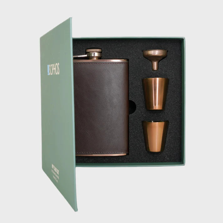 4 Piece Copper and Brown Hip Flask Set