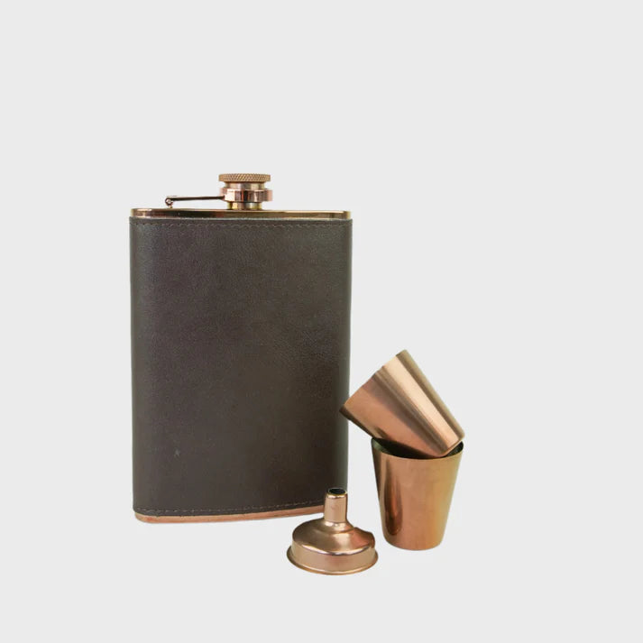 4 Piece Copper and Brown Hip Flask Set