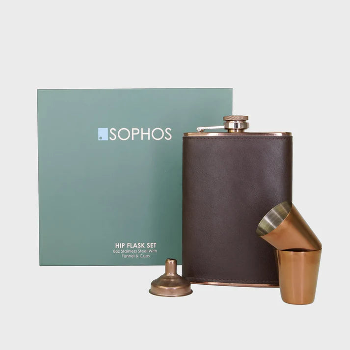 4 Piece Copper and Brown Hip Flask Set