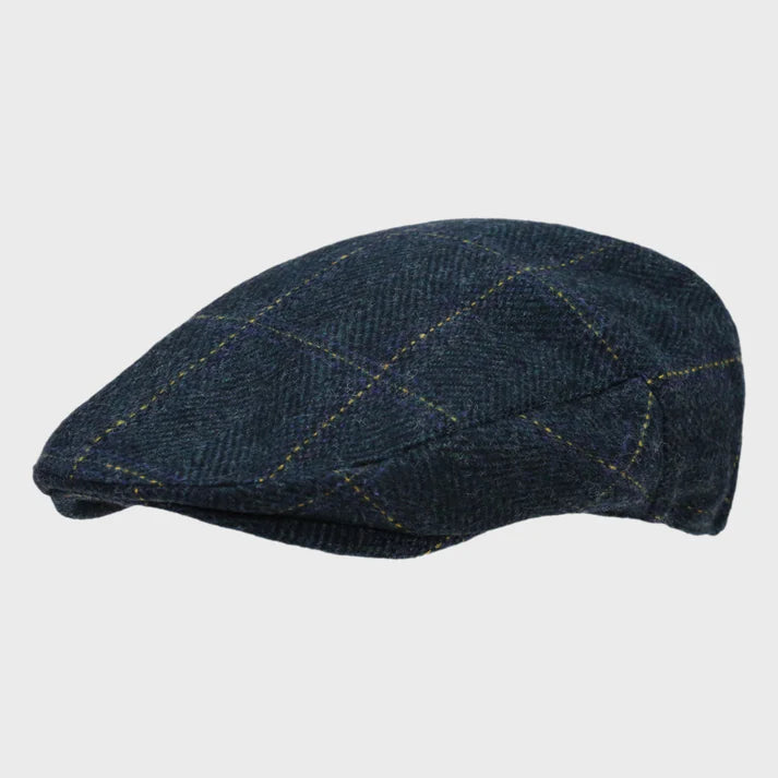 Vintage Check Navy Pony Style Flat Cap