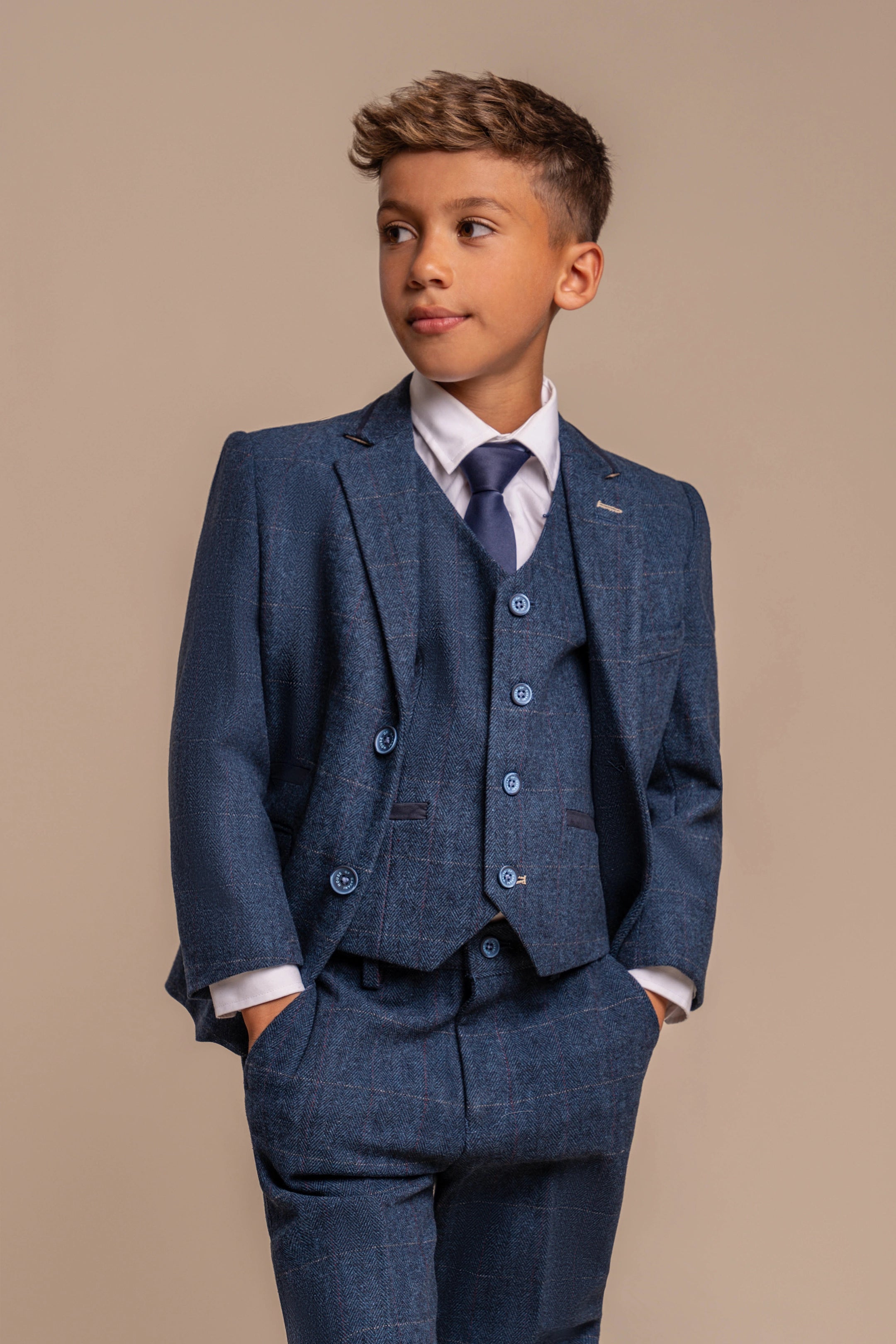 Boys Carnegi Navy Tweed Three Piece Suit