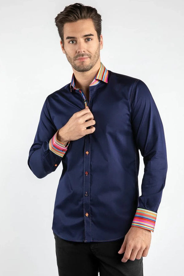 Claudio Lugli Plain Navy with Striped Collar Shirt