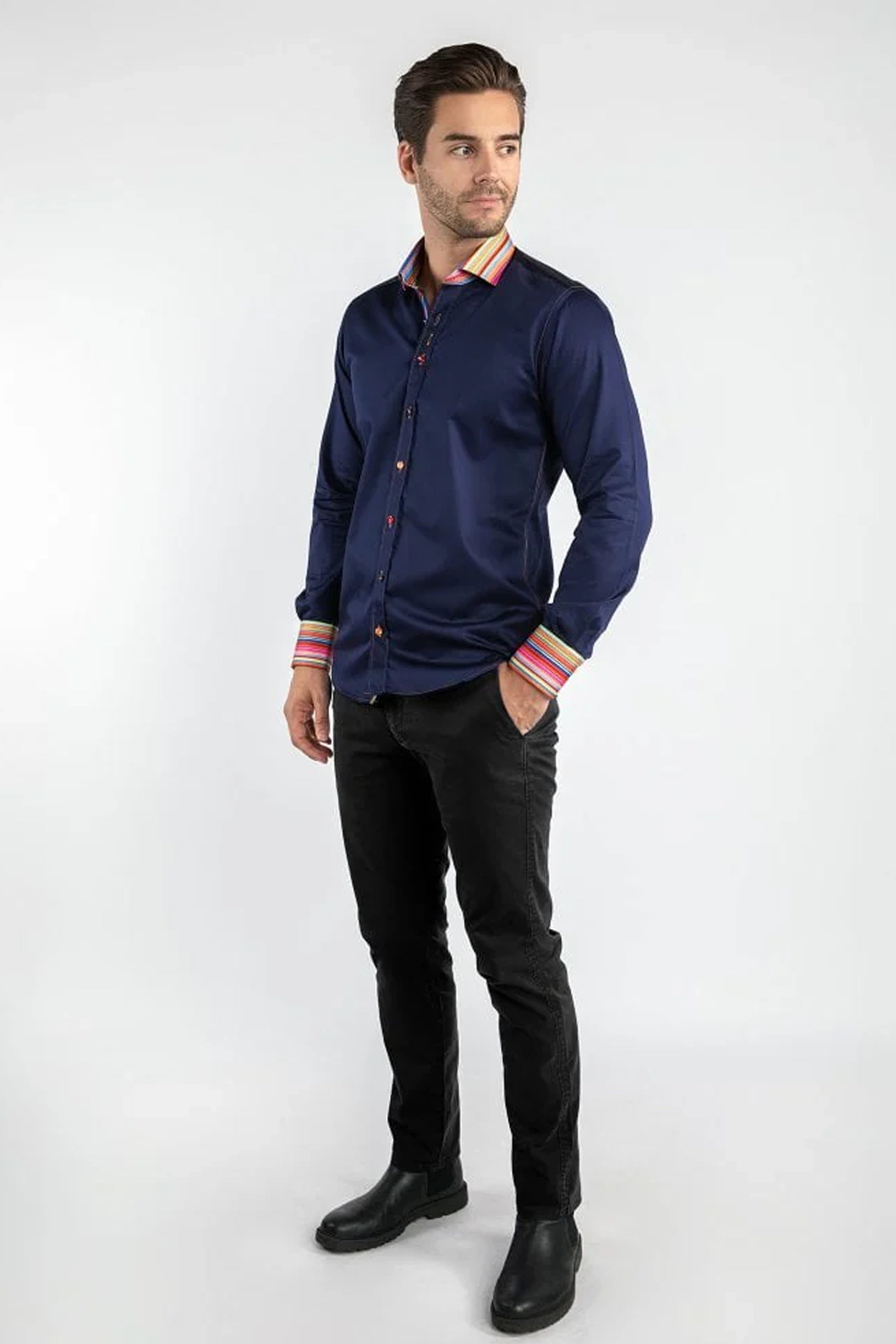 Claudio Lugli Plain Navy with Striped Collar Shirt