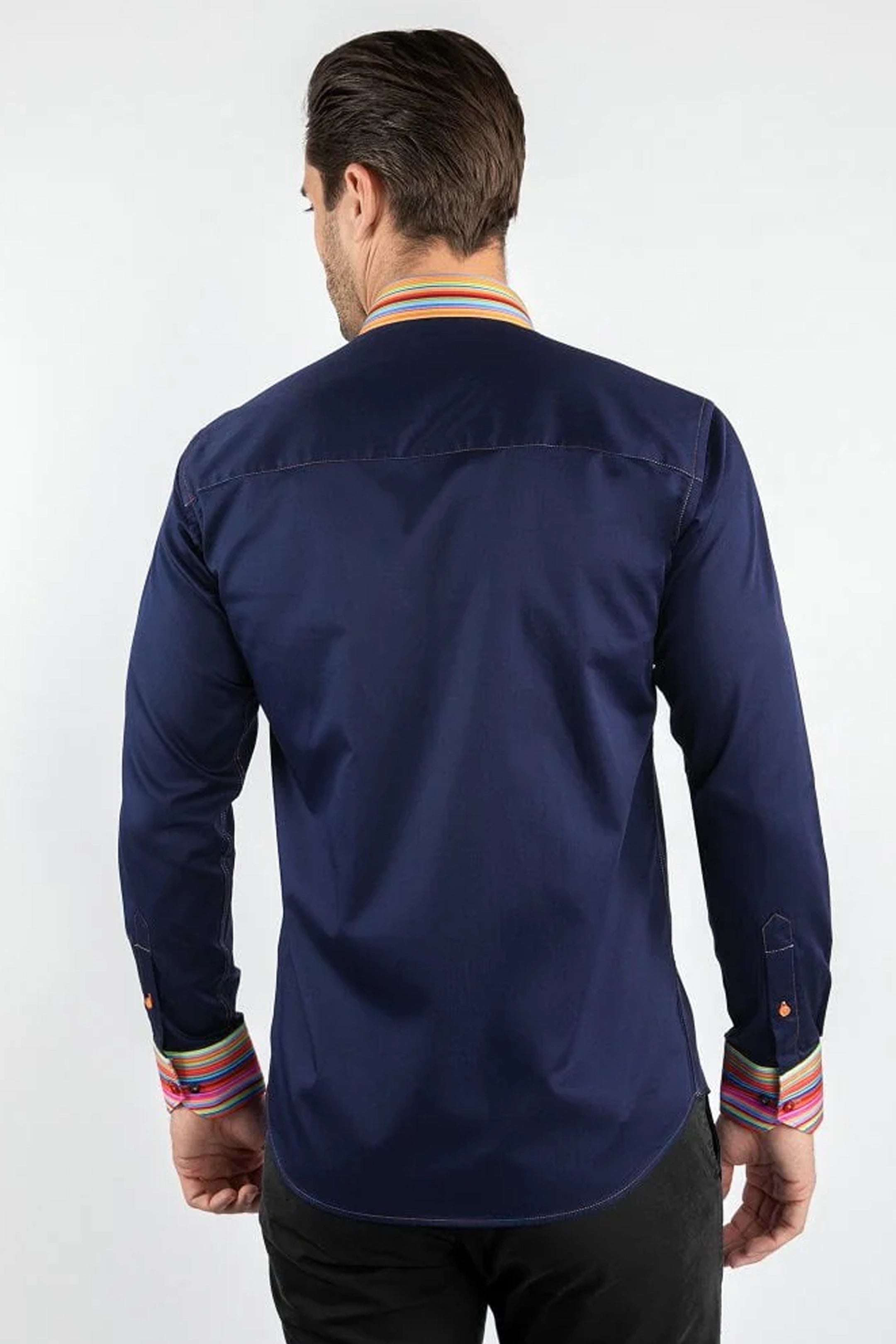 Claudio Lugli Plain Navy with Striped Collar Shirt