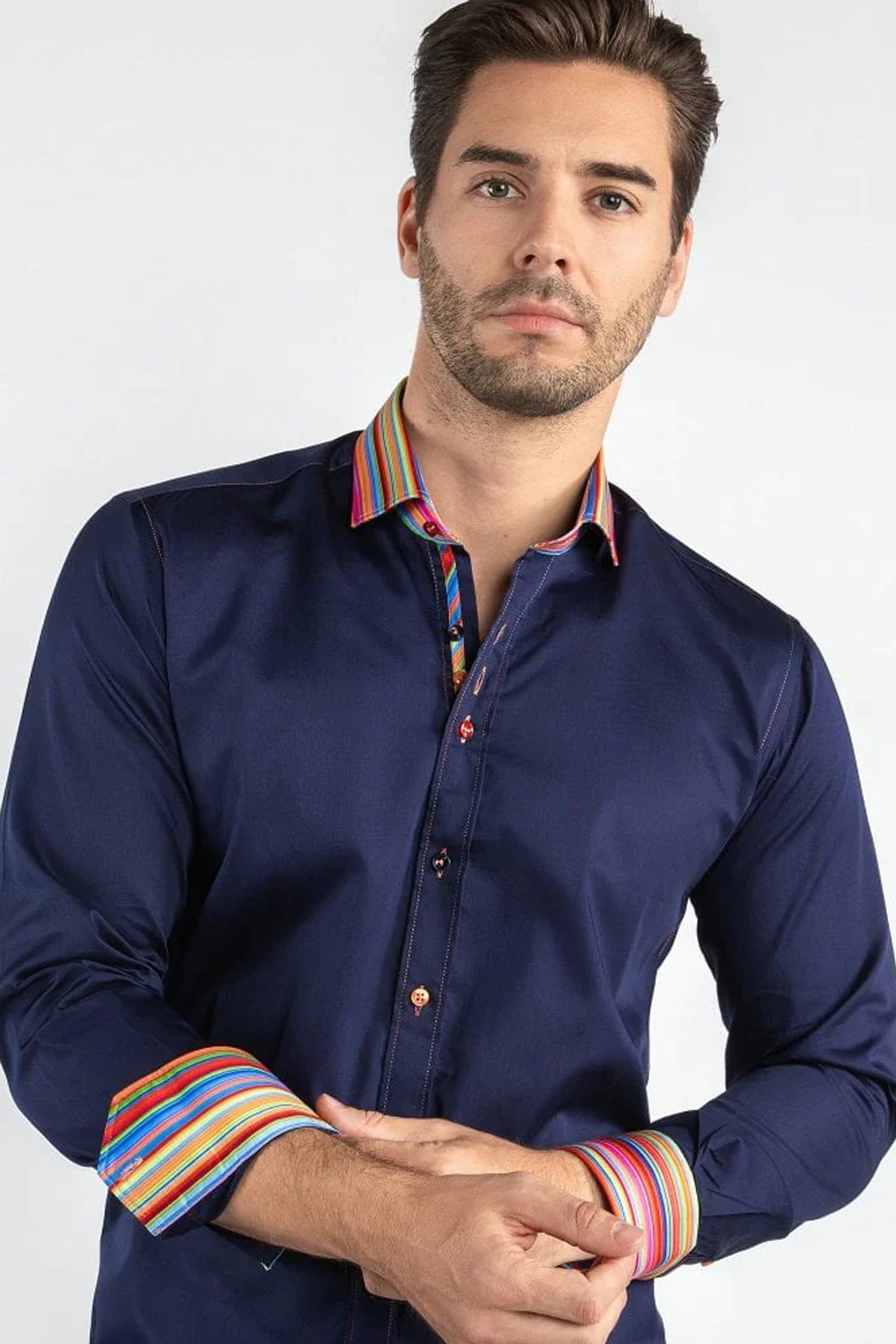 Claudio Lugli Plain Navy with Striped Collar Shirt
