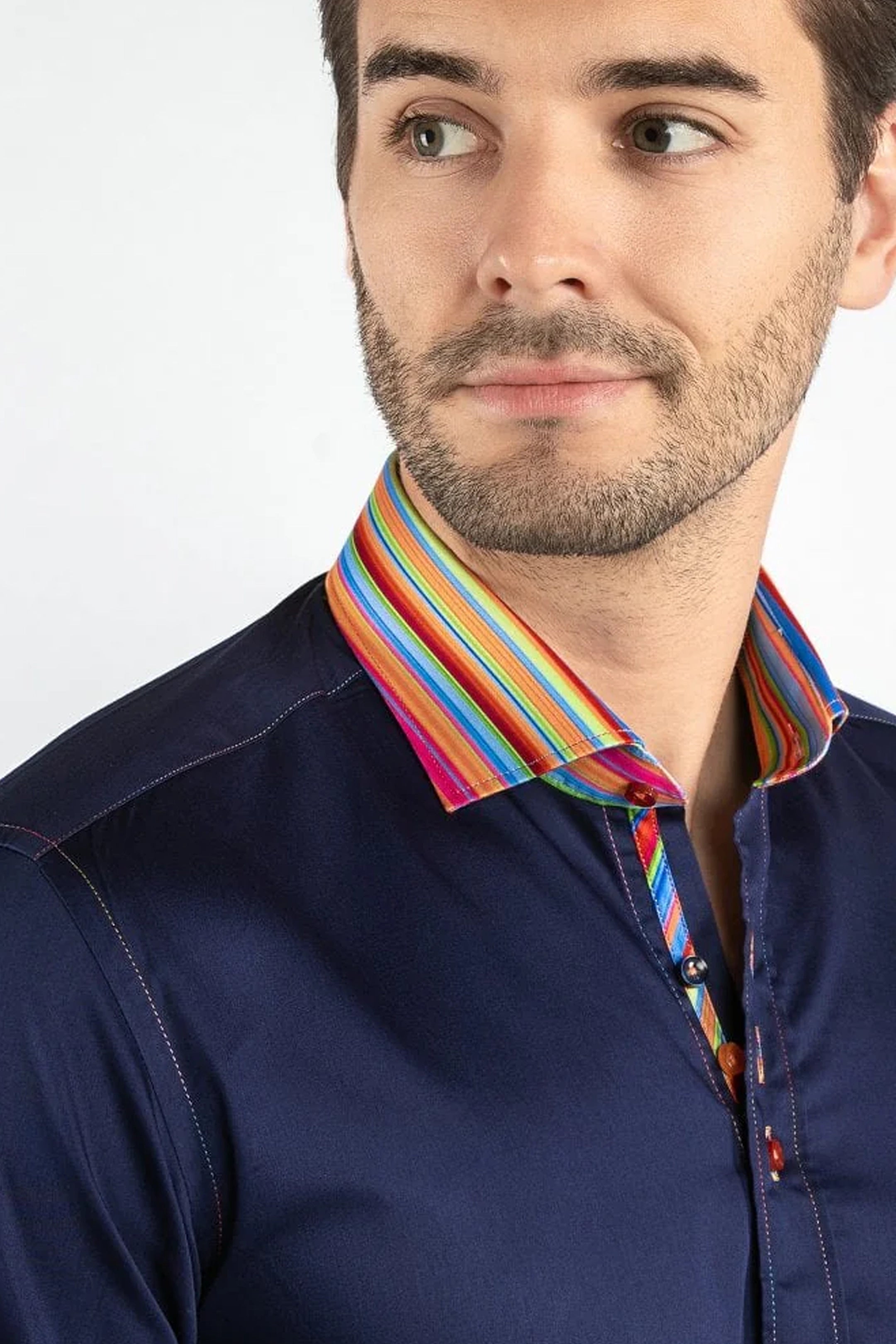 Claudio Lugli Plain Navy with Striped Collar Shirt