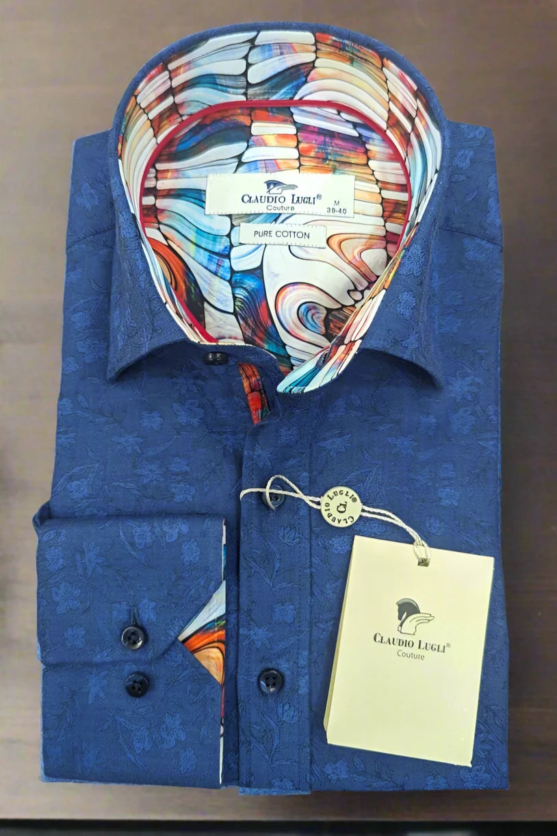 Claudio Lugli Navy Floral Jacquard Long Sleeve Shirt