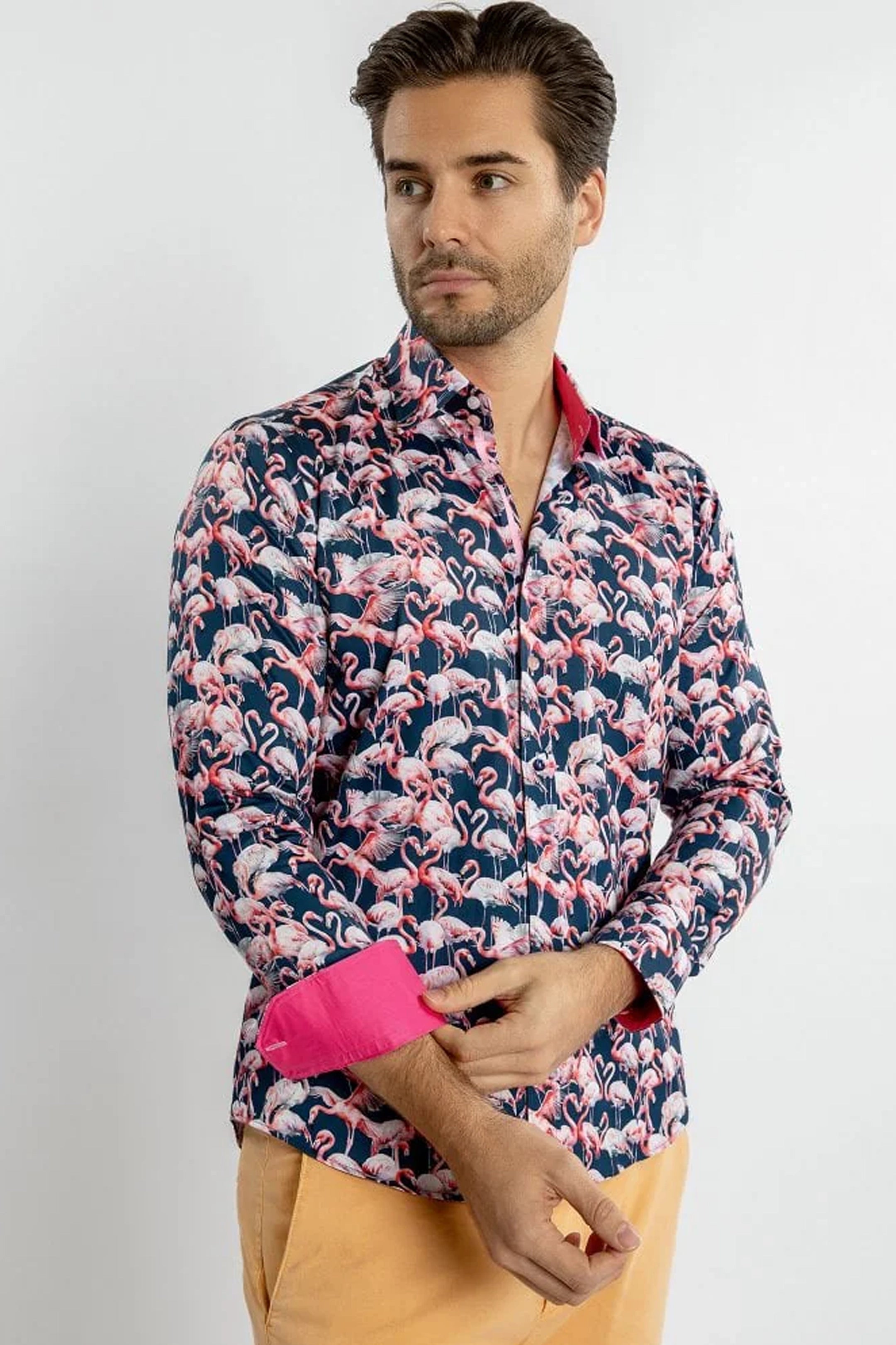 Claudio Lugli Navy Flamingo Print Shirt