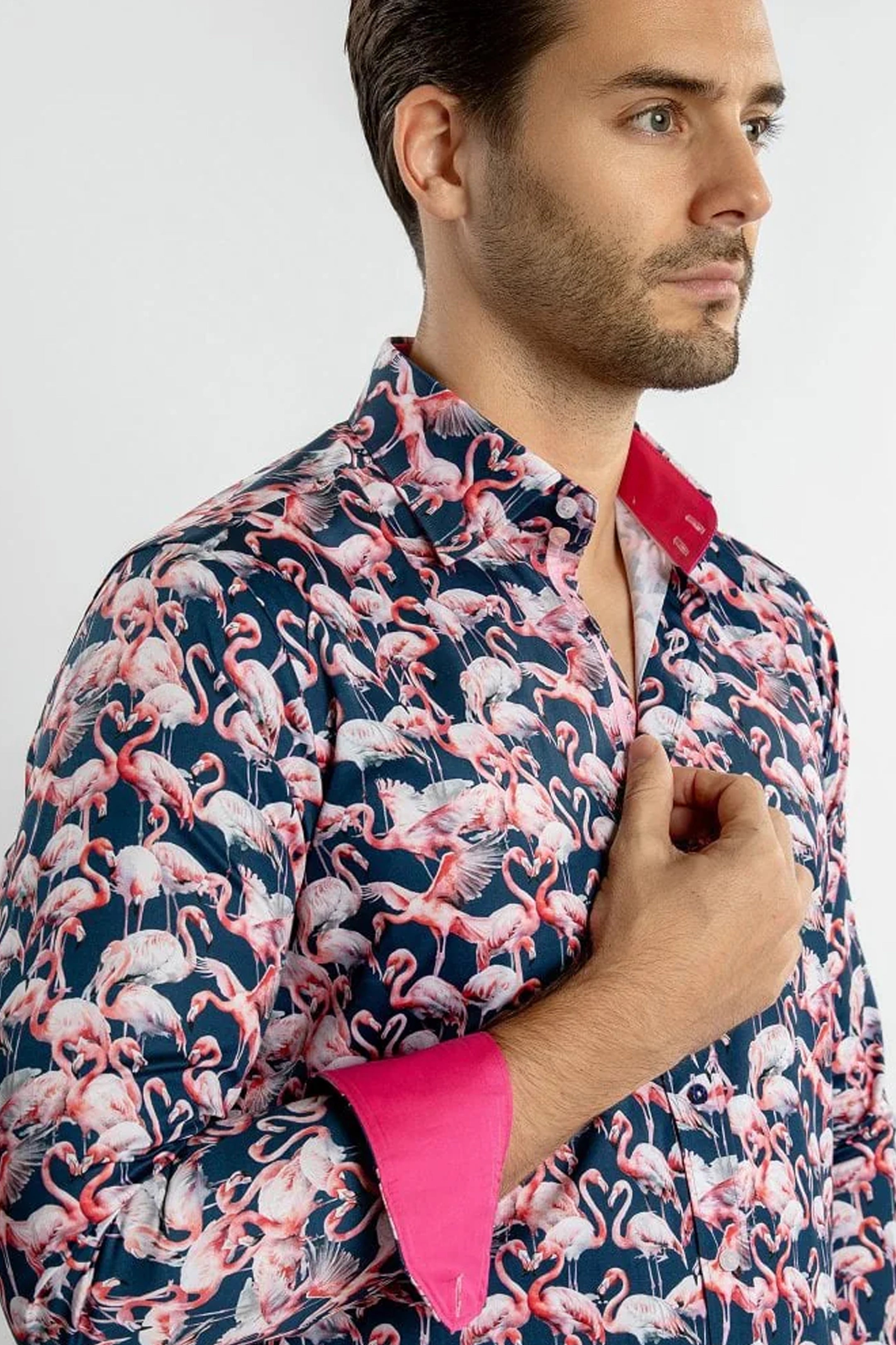 Claudio Lugli Navy Flamingo Print Shirt