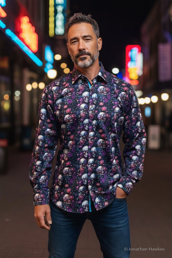 Claudio Lugli Purple Floral Skulls Shirt