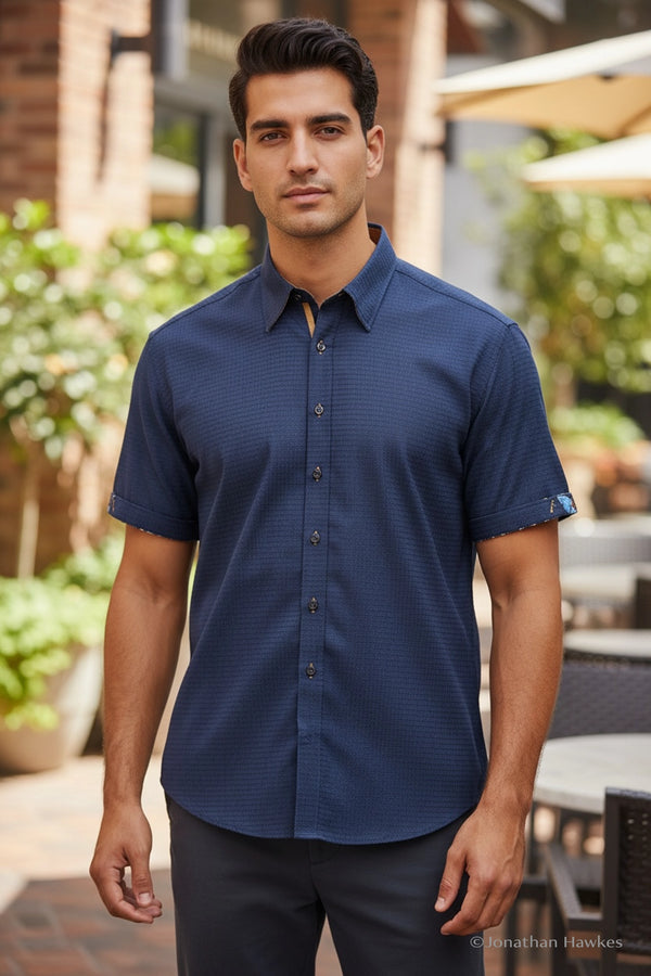 Claudio Lugli Window Pane Short Sleeve Navy Shirt