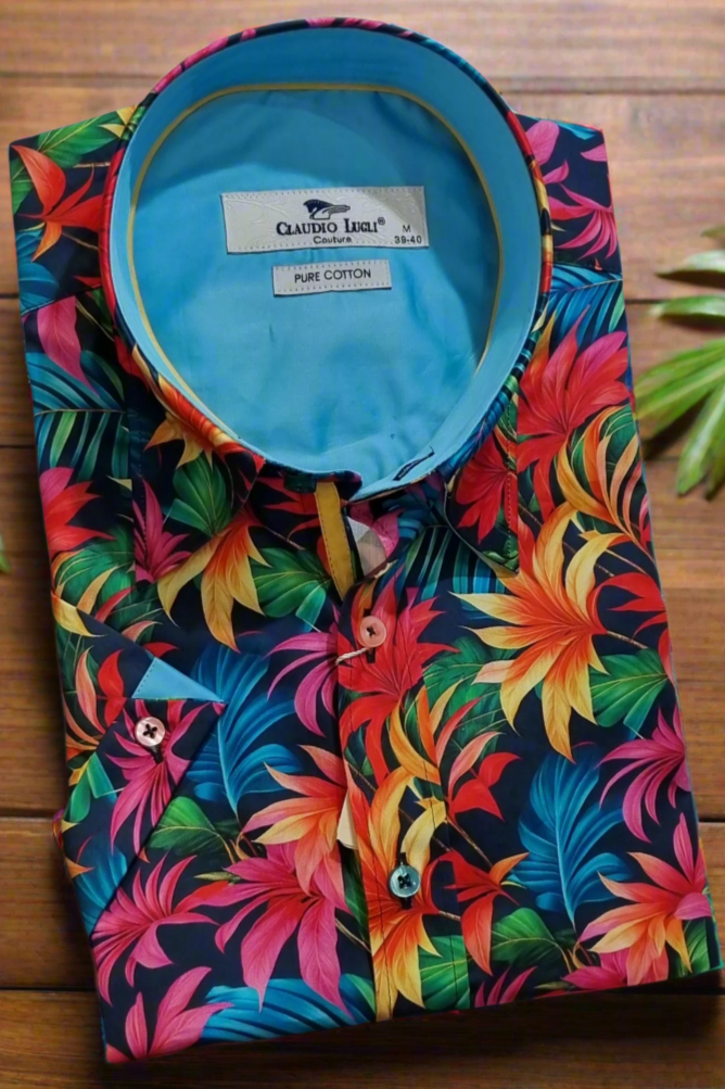 Claudio Lugli Short Sleeve Tropical Leaves Print Shirt