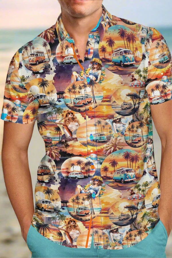 Claudio Lugli Short Sleeve Sunset Camper Print Shirt