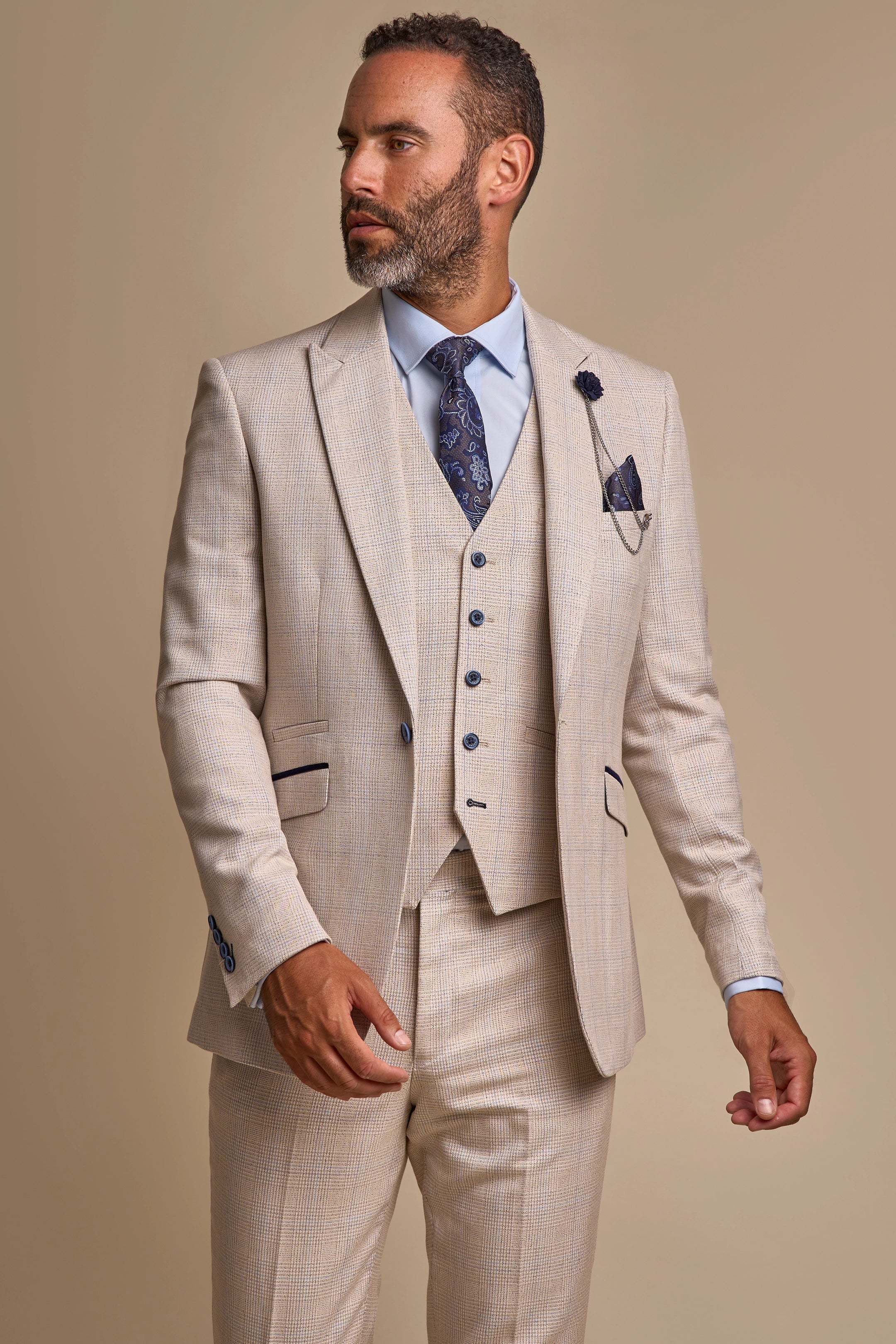 Caridi Beige Regular Check Three Piece Suit