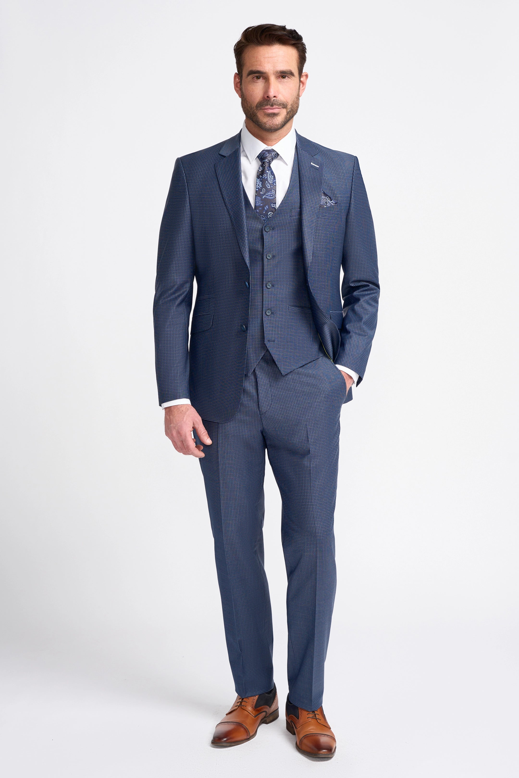 Bond Navy Check Three Piece Suit