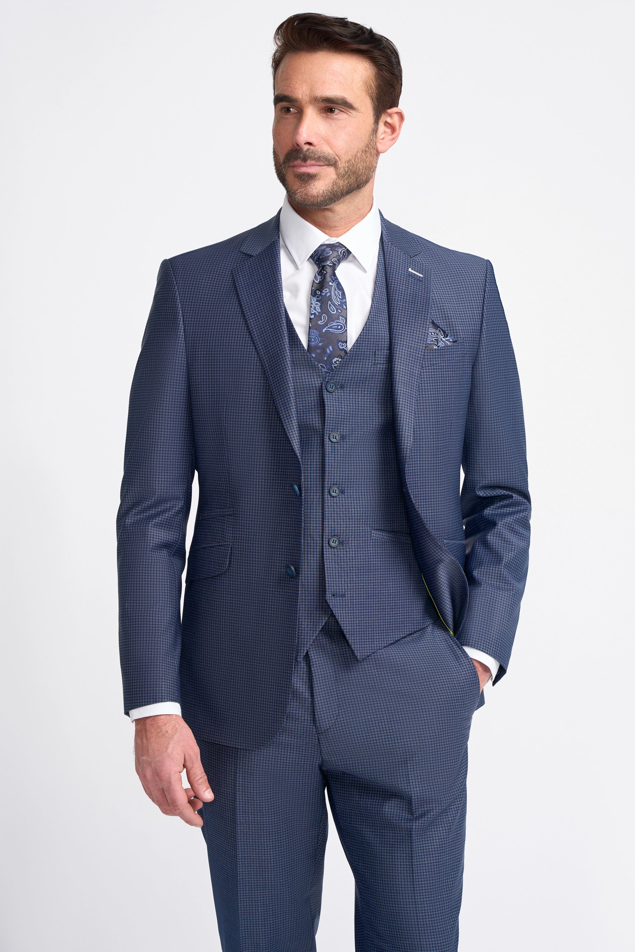 Bond Navy Check Three Piece Suit