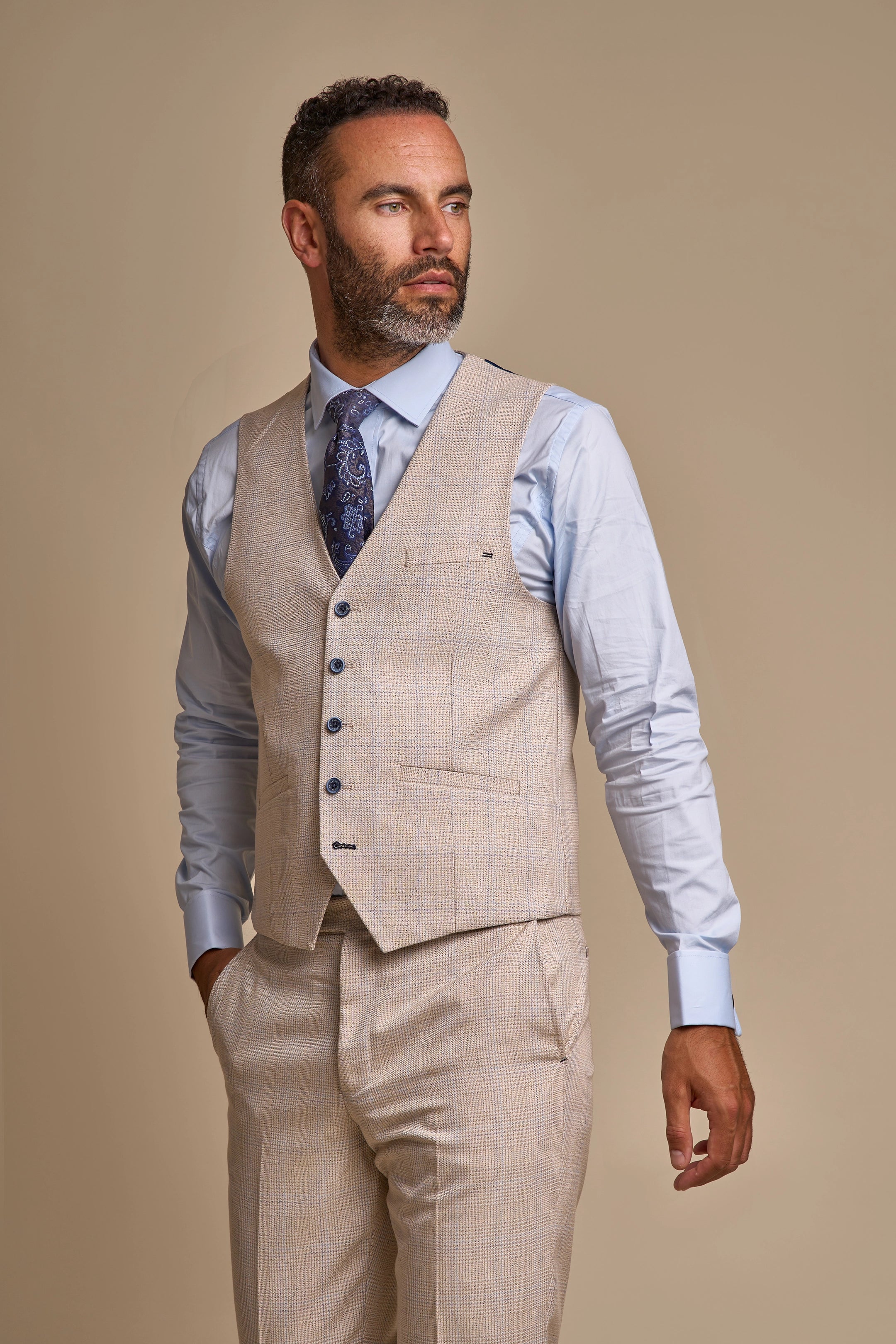 Caridi Beige Regular Check Three Piece Suit