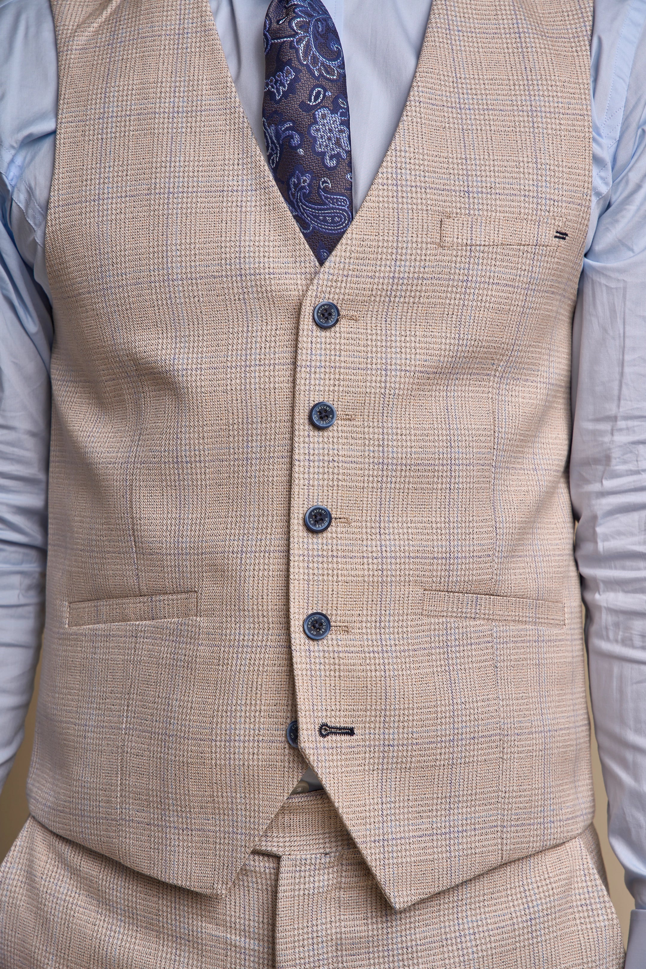 Caridi Beige Regular Check Three Piece Suit