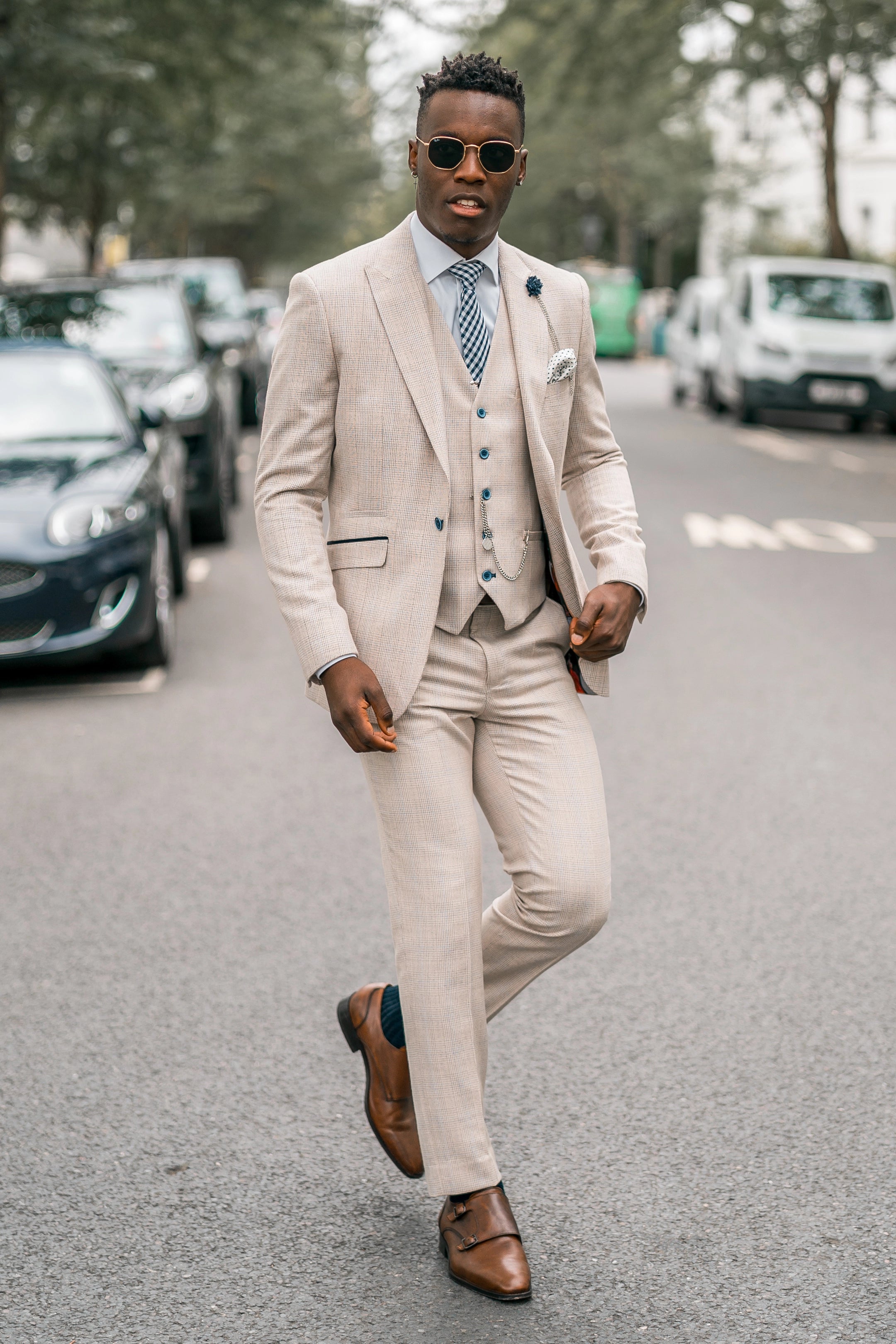 Caridi Beige Regular Check Three Piece Suit