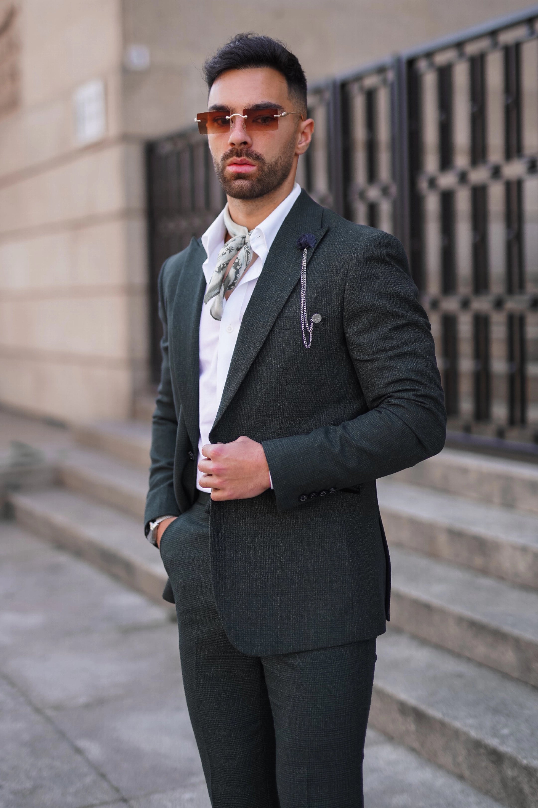 Caridi Olive Check Three Piece Suit