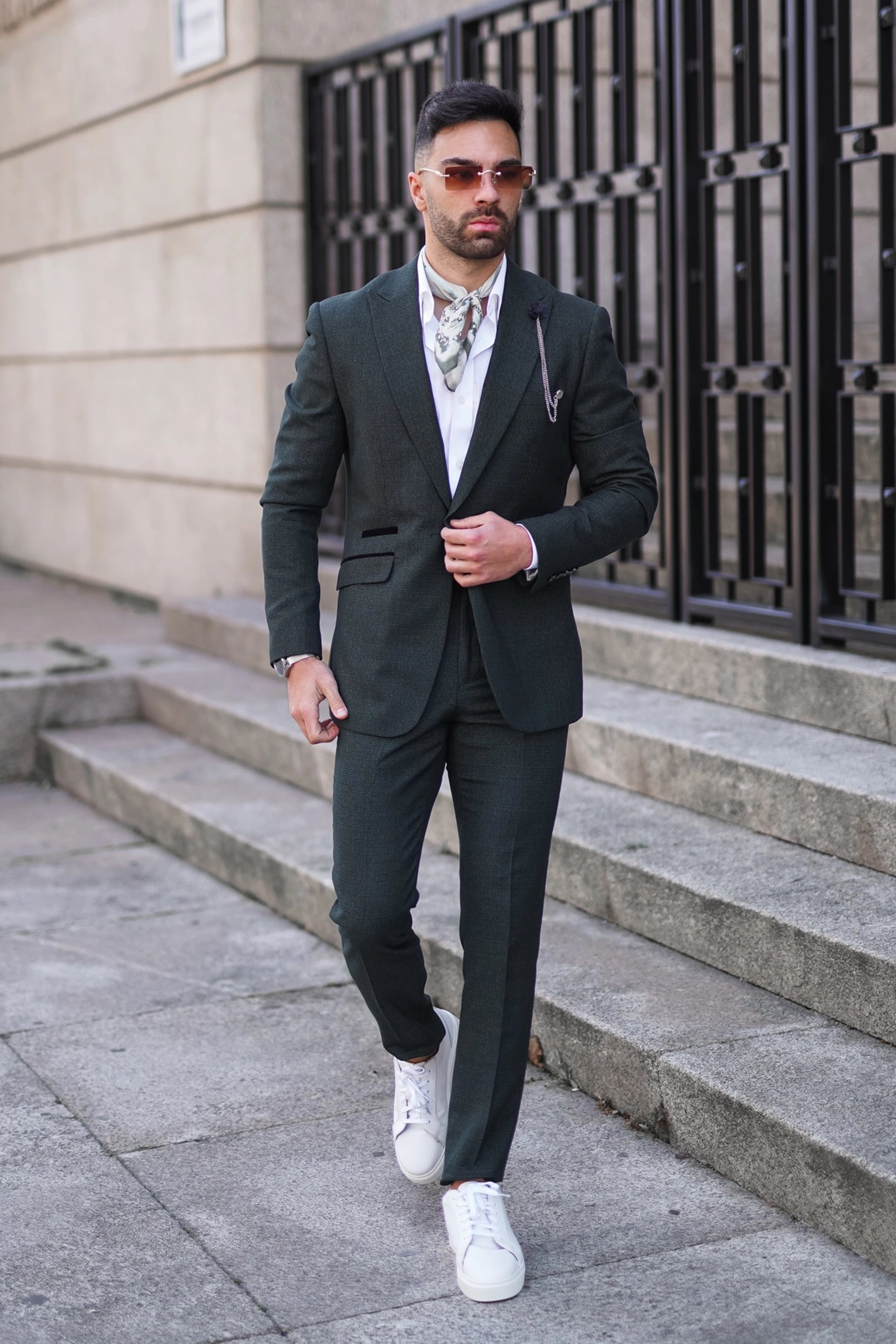 Caridi Olive Check Three Piece Suit