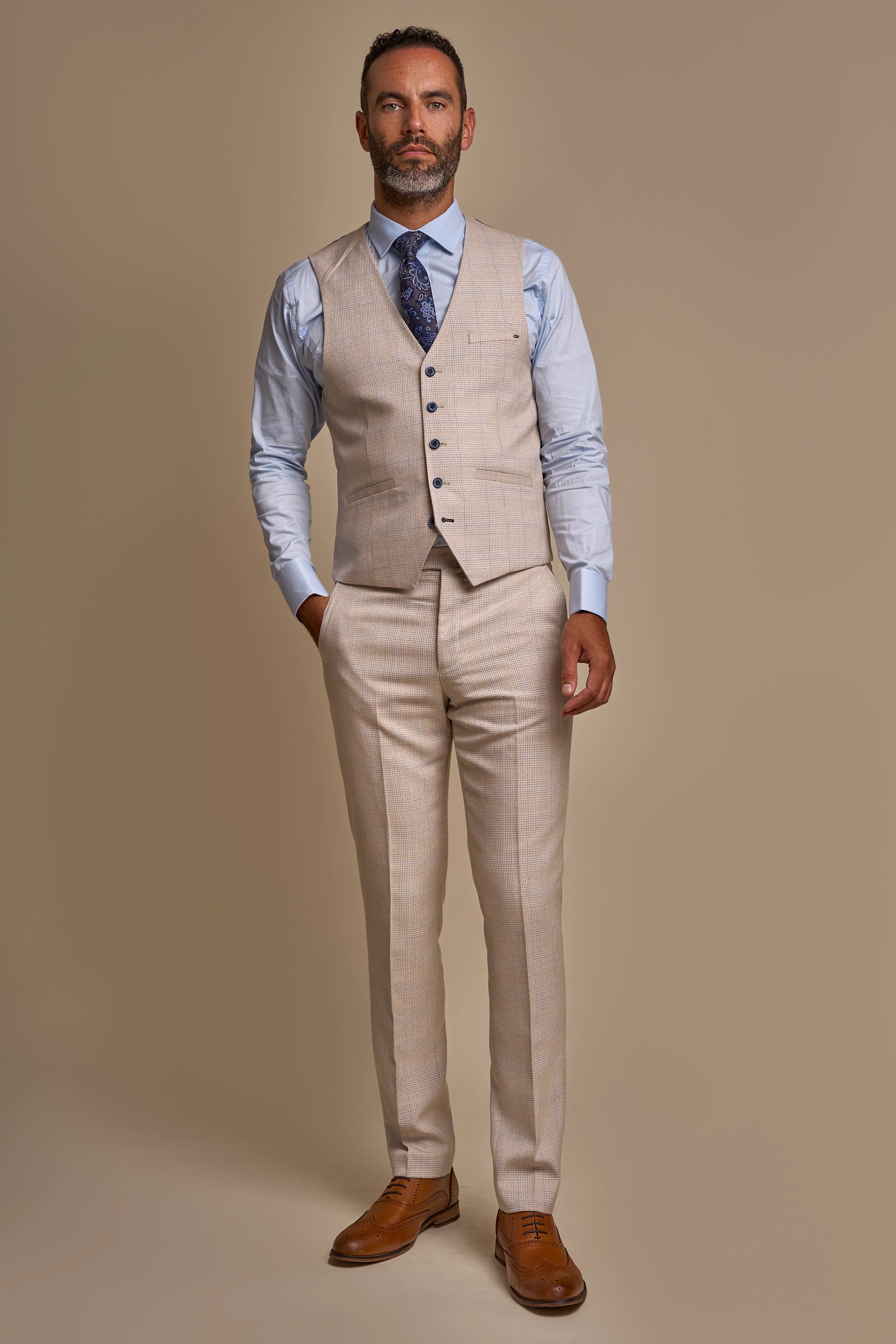 Caridi Beige Regular Check Three Piece Suit