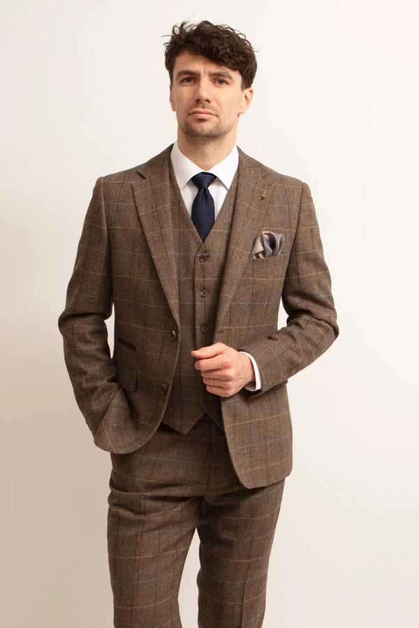 Brown Checked Herringbone 3 Piece Suit