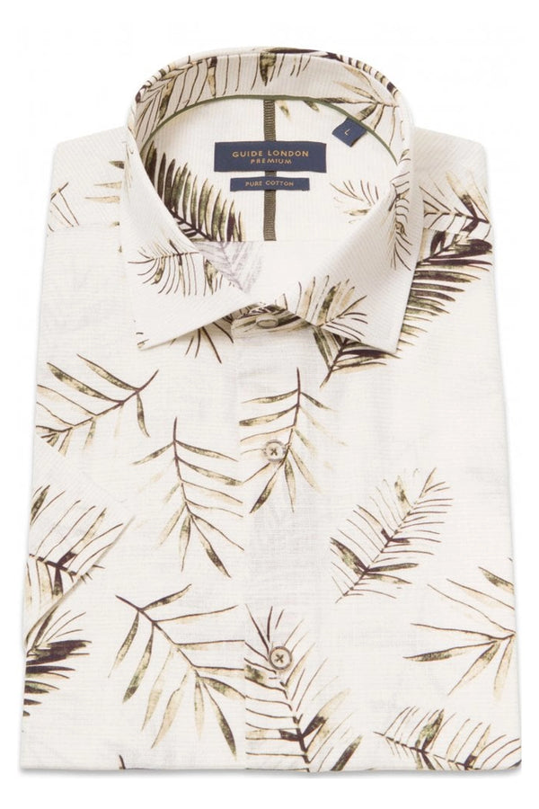 Guide London Khaki Leaf Print Short Sleeve Shirt