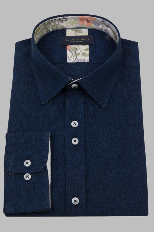 Guide London Navy Summer Breeze Linen Blend Long Sleeve Shirt