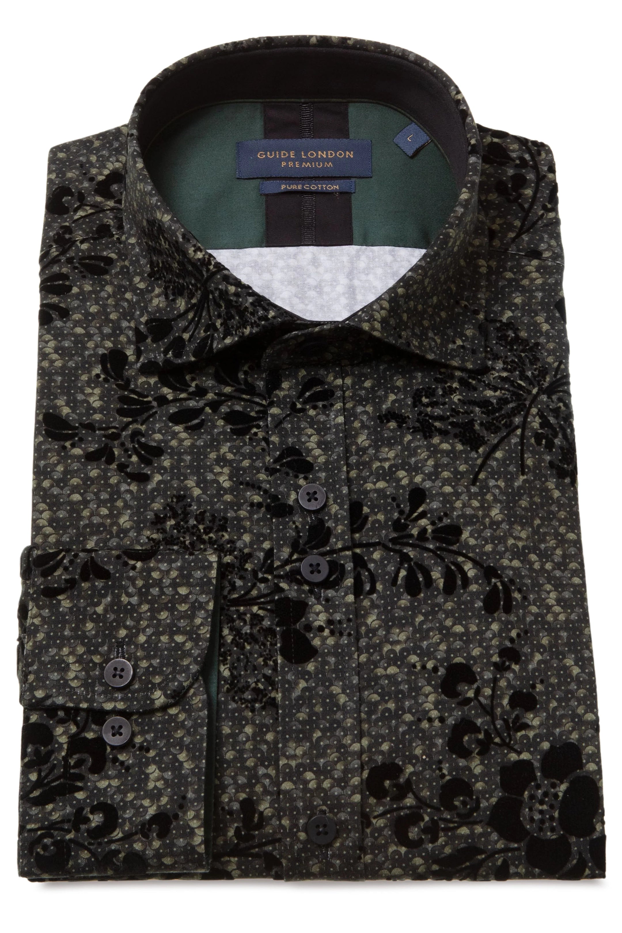 Guide London Green Floral Flock Long Sleeve Shirt