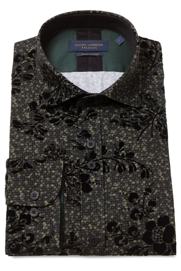 Guide London Green Floral Flock Long Sleeve Shirt