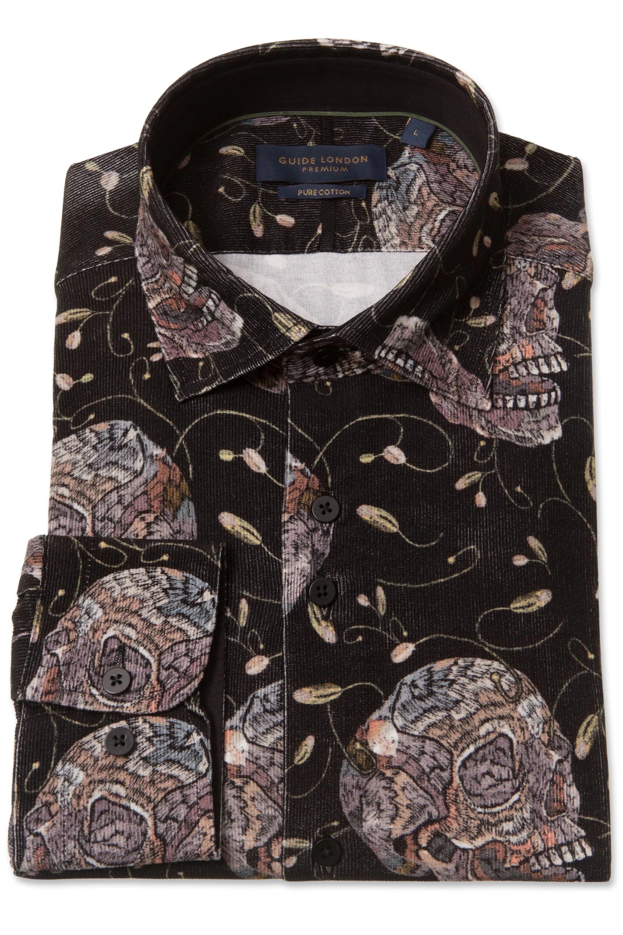 Guide London Black Corduroy Shirt with Multi-Coloured Skulls
