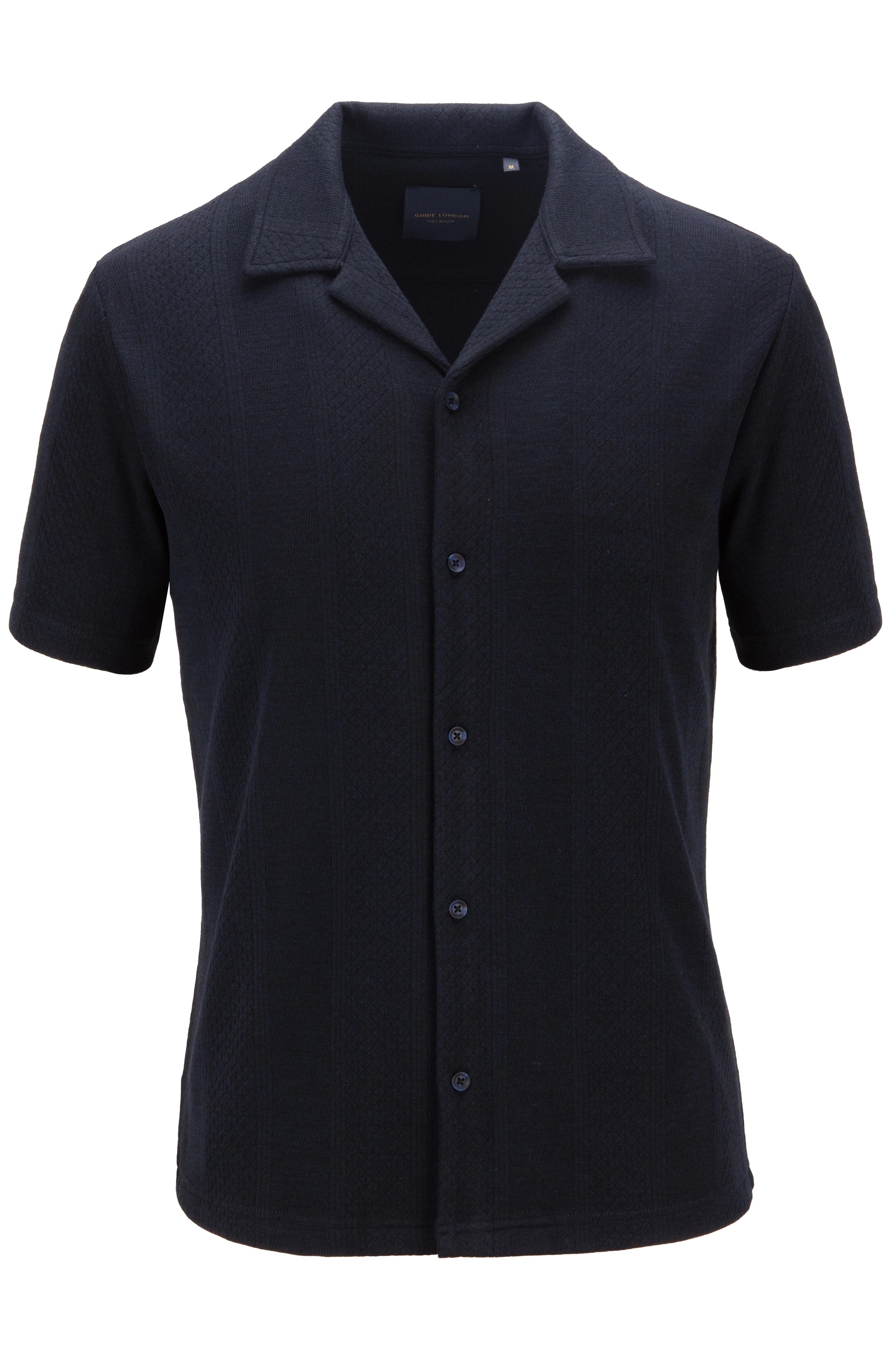 Guide London Textured Button Through Knitted Navy Shirt