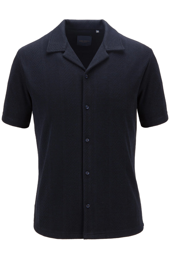 Guide London Textured Button Through Knitted Navy Shirt