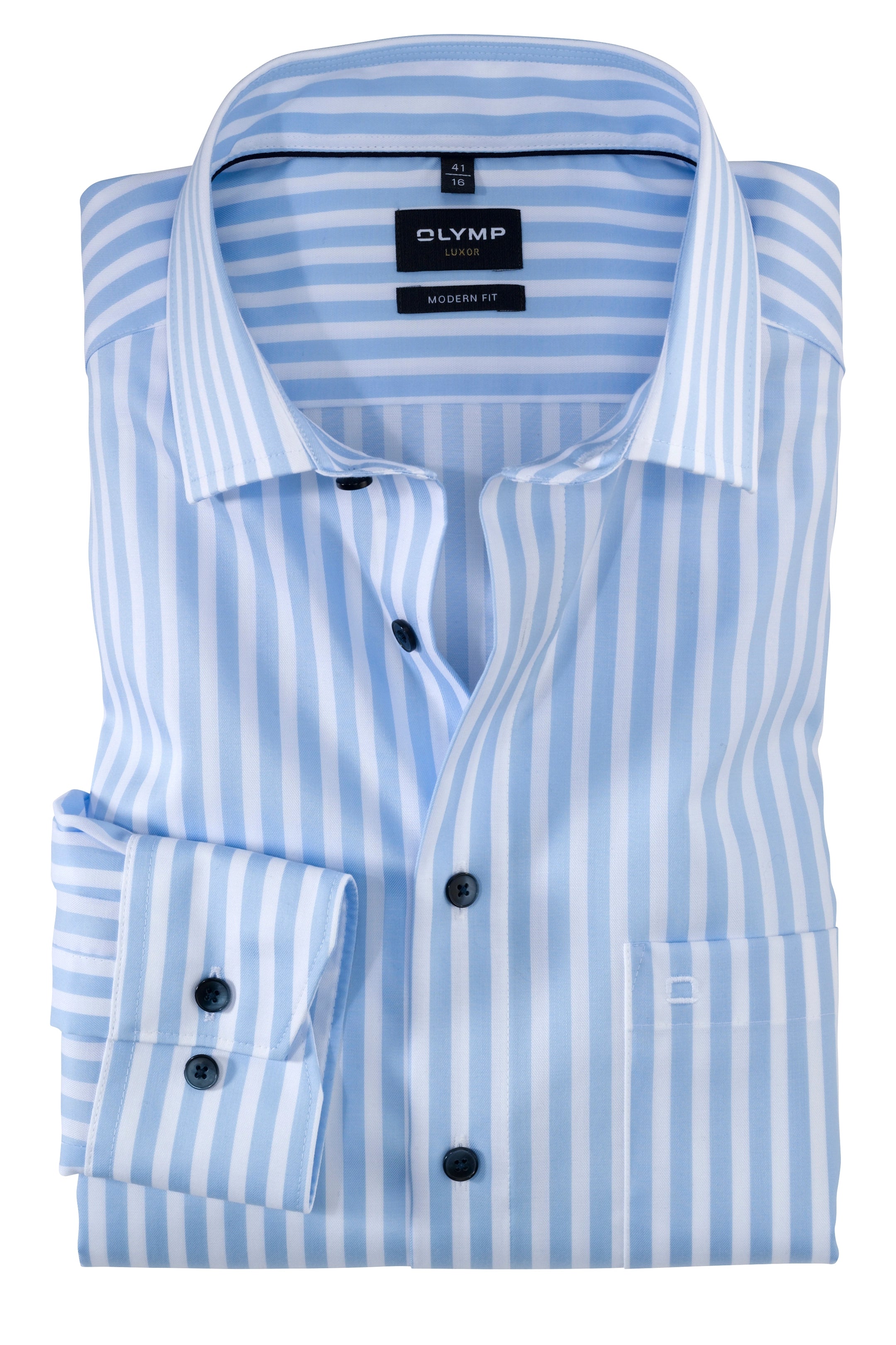 Olymp Blue & White Striped Modern Fit Long Sleeve Shirt