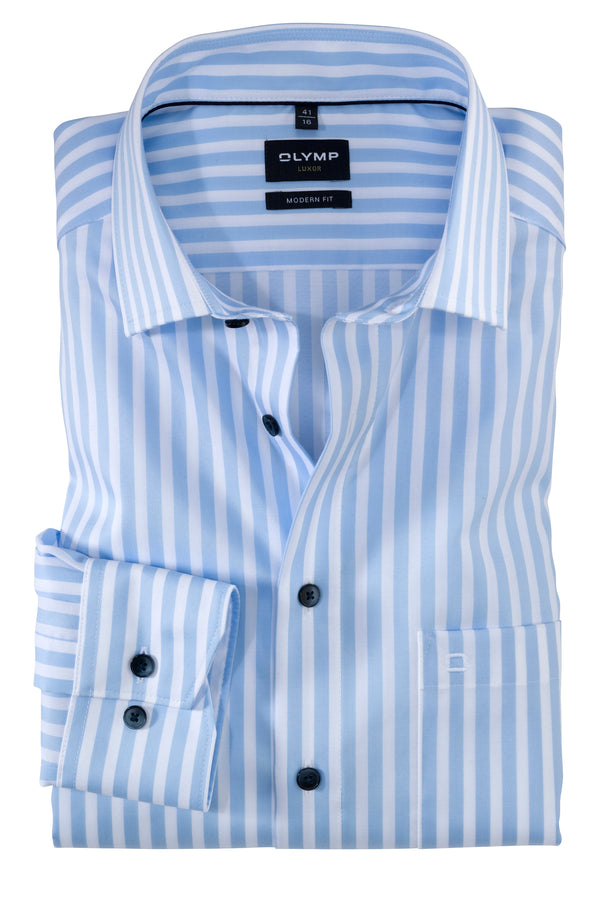 Olymp Blue & White Striped Modern Fit Long Sleeve Shirt