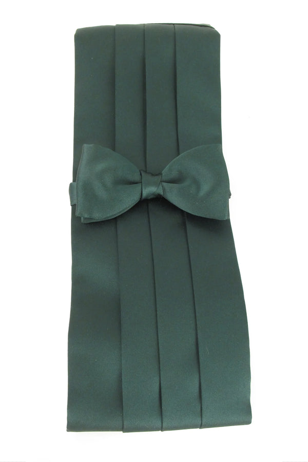 Dark Bottle Green Plain Satin Cummerbund & Bow Set