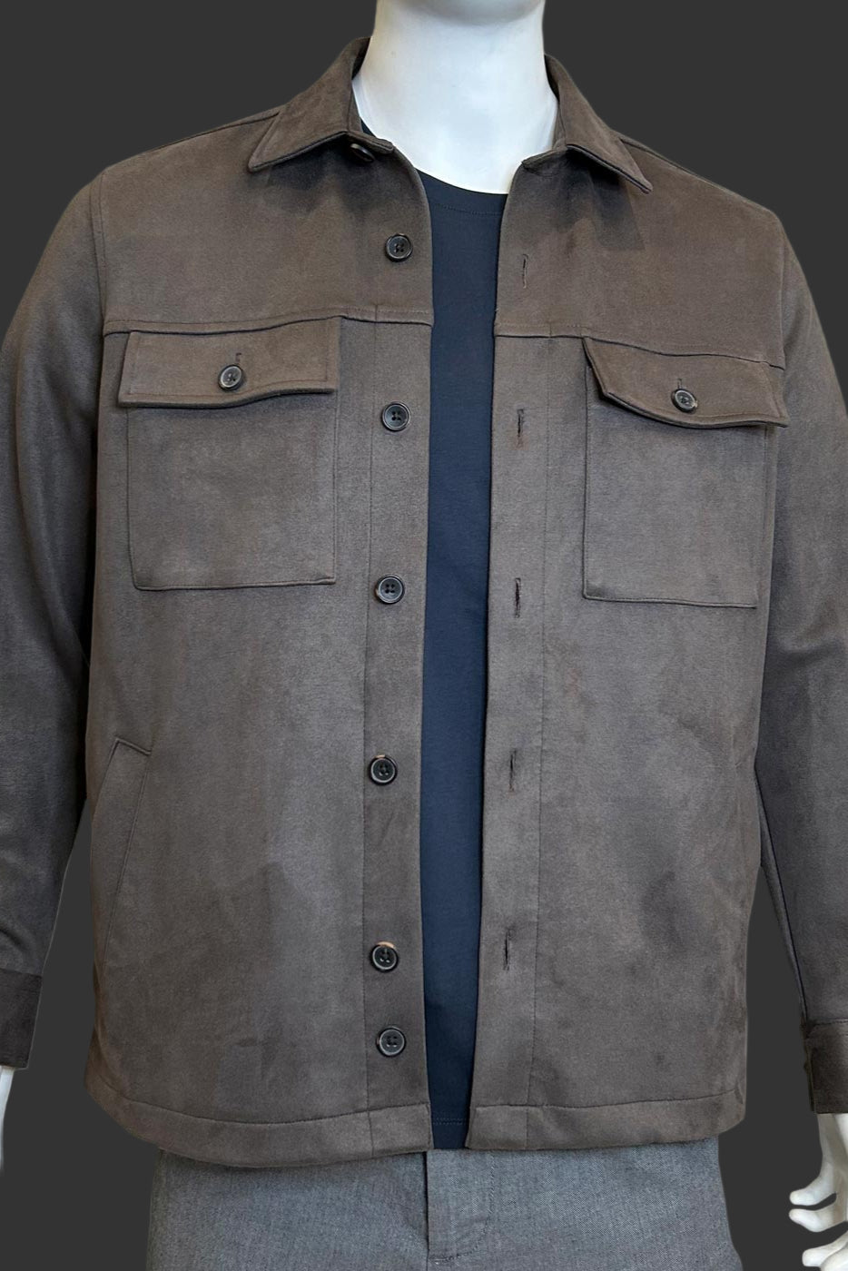 Brown suede jacket on a mannequin against a white background