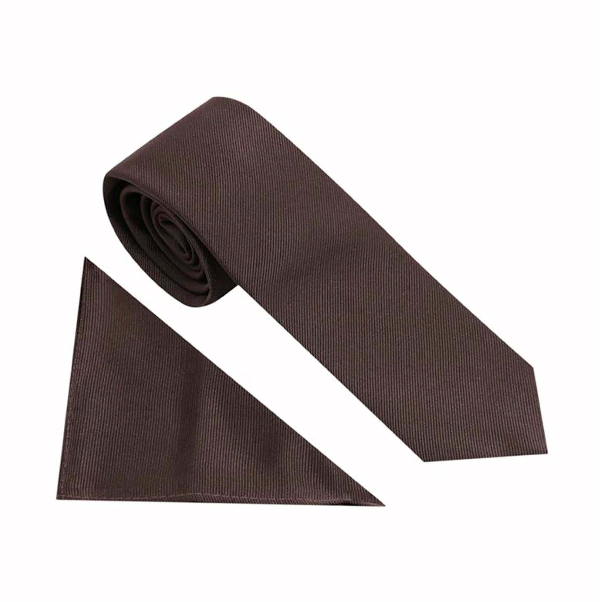 Dark Brown Plain Poly Twill Tie and Pocket Square Set
