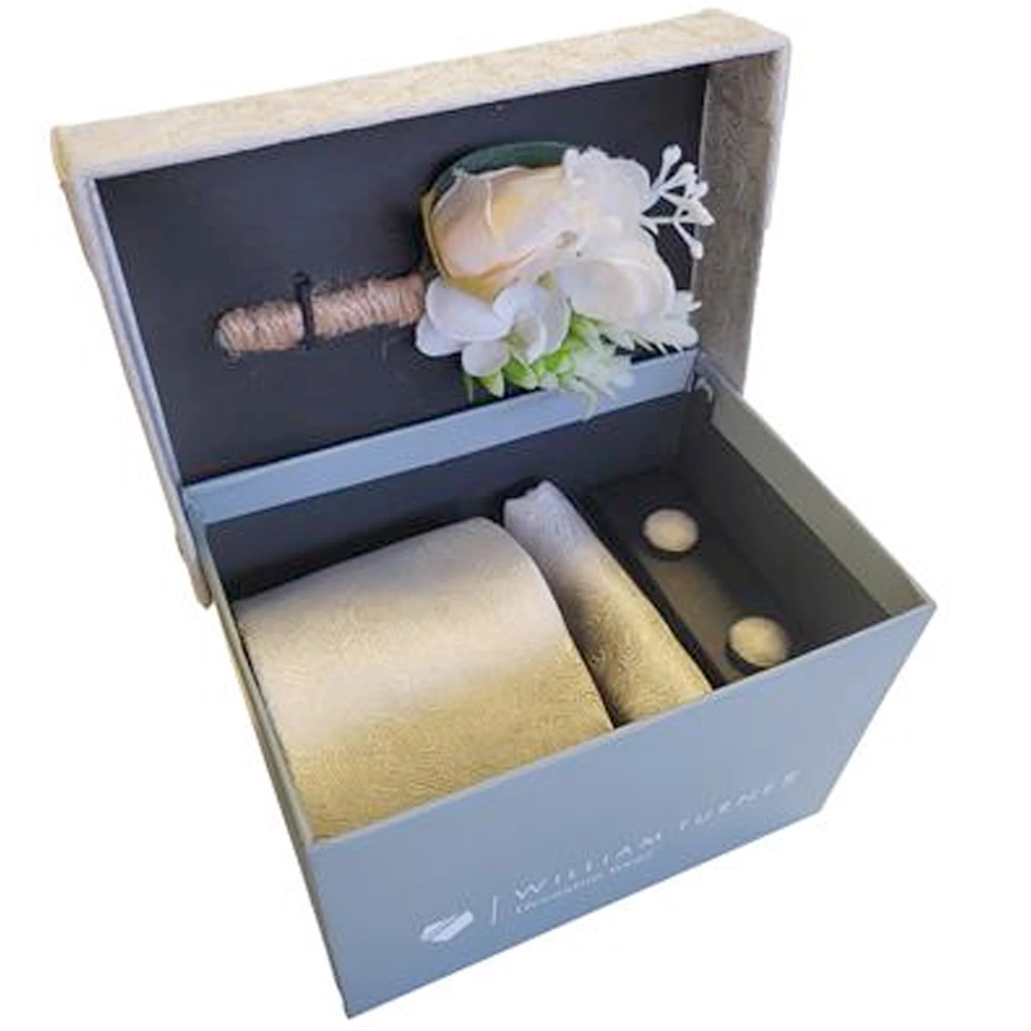 Ivory Mini Paisley Tie, Hanky, Corsage &  Cufflinks Gift Box Set