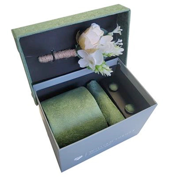 Sage Mini Paisley Tie, Hanky, Corsage &  Cufflinks Gift Box Set