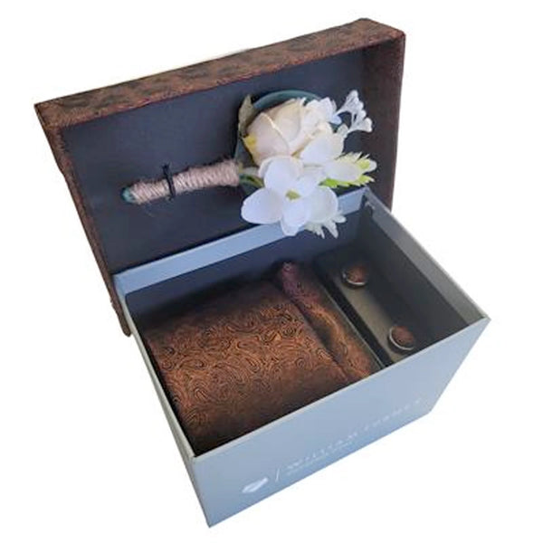 Tan Mini Paisley Tie, Hanky, Corsage &  Cufflinks Gift Box Set