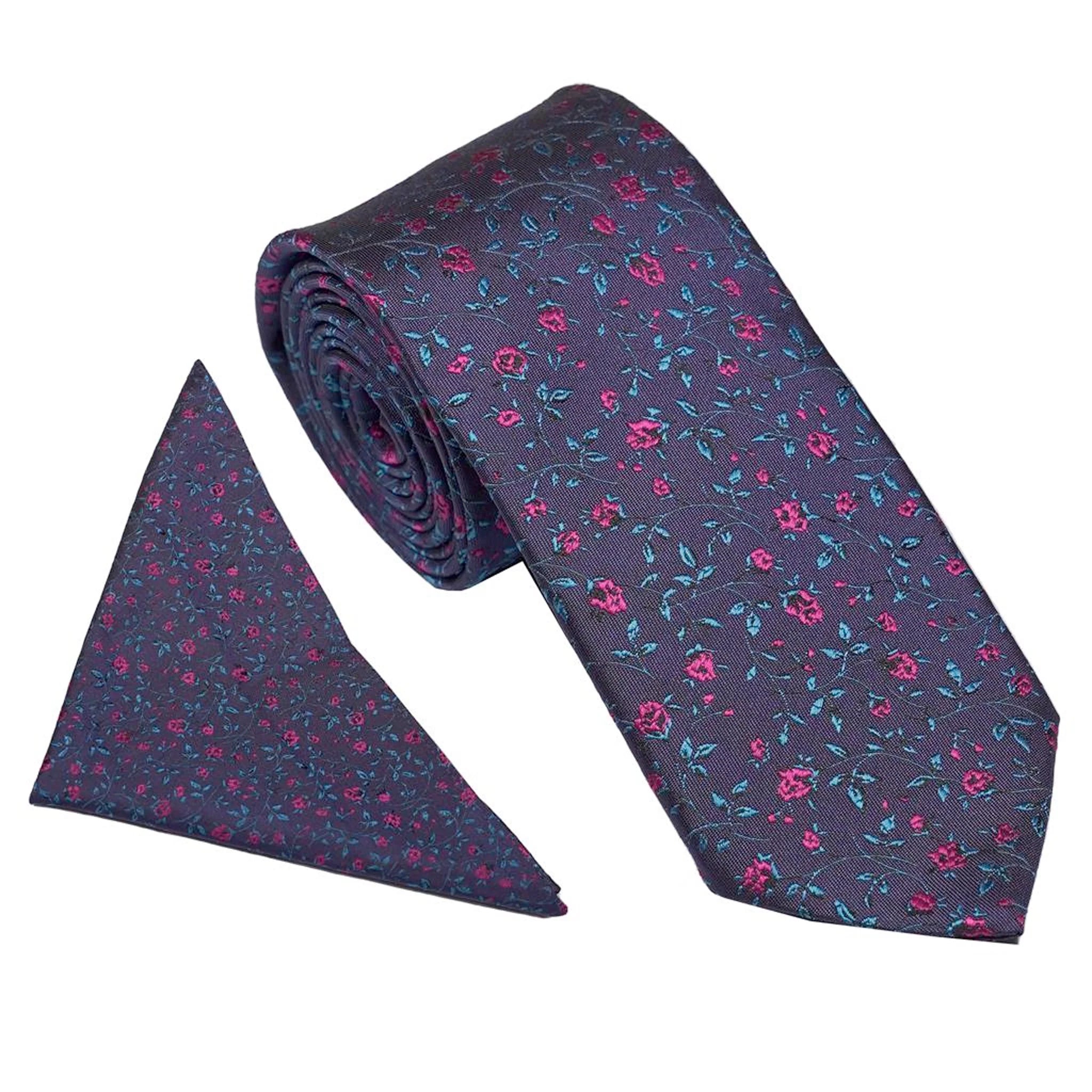 Navy/Pink Tiny Floral Tie and Pocket Square Set