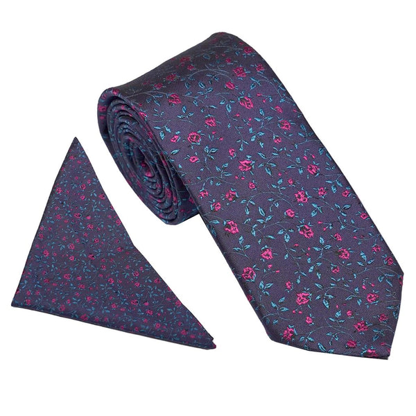 Navy/Pink Tiny Floral Tie and Pocket Square Set