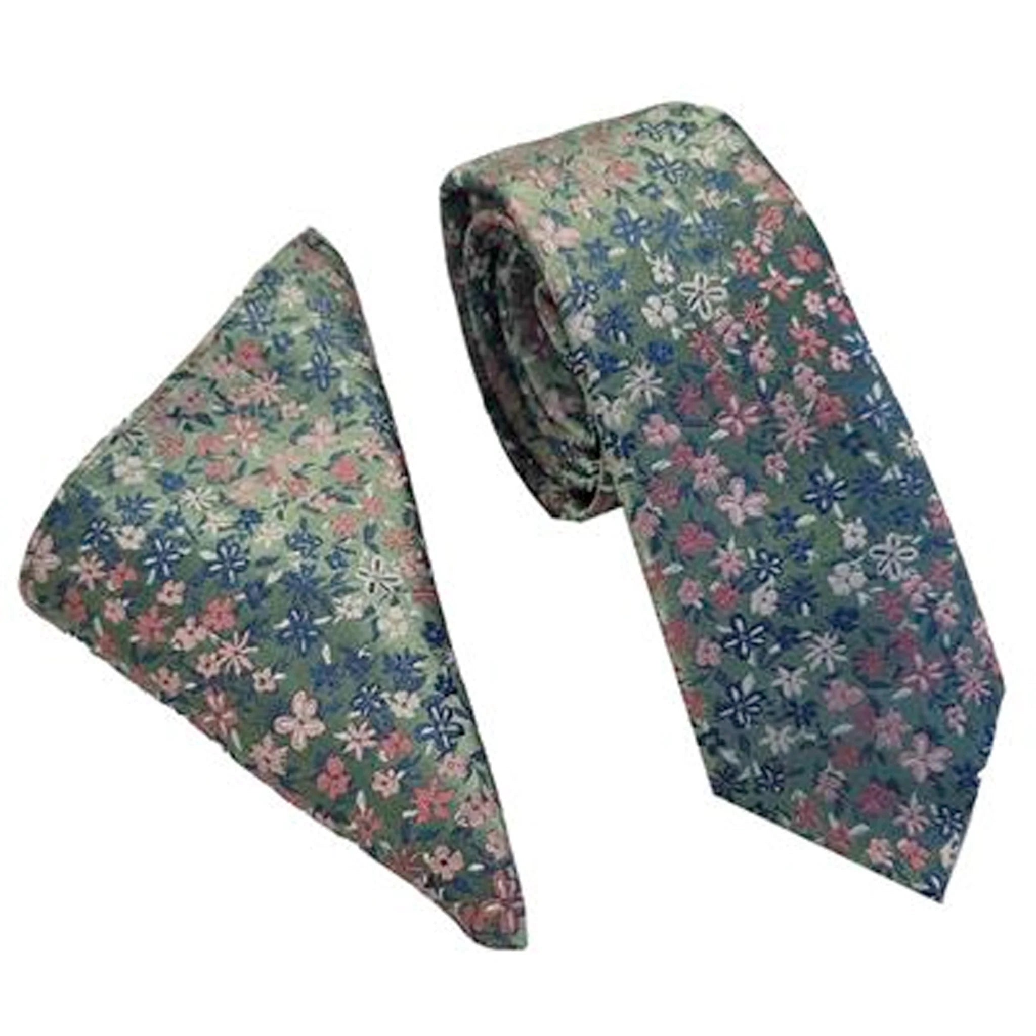 Mid Green Floral Mini Tie and Pocket Square Set