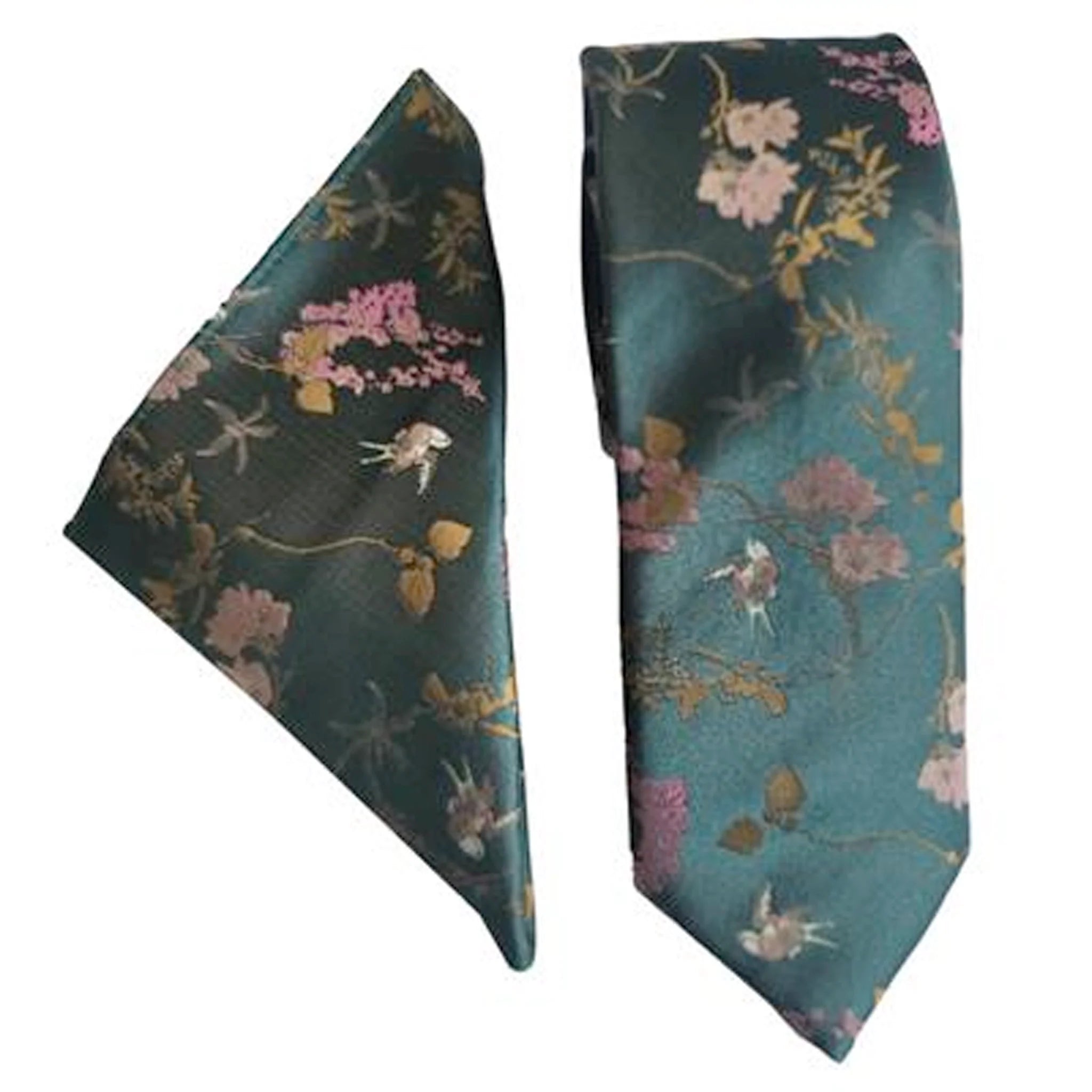 Green Oriental Flower Tie and Pocket Square Set