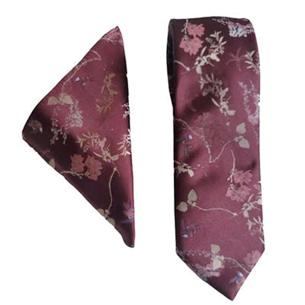 Burgundy Oriental Flower Tie and Pocket Square Set