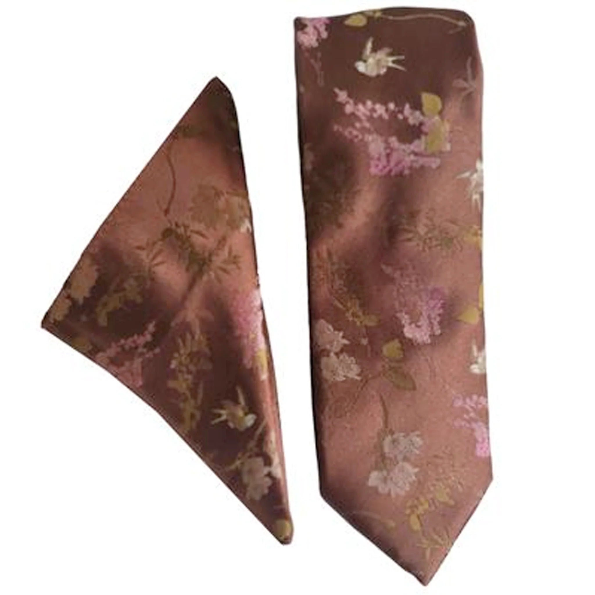 Tan Oriental Flower Tie and Pocket Square Set