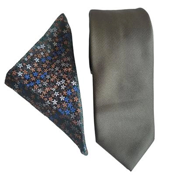 Olive Plain Twill Tie and Floral Pocket Square Set