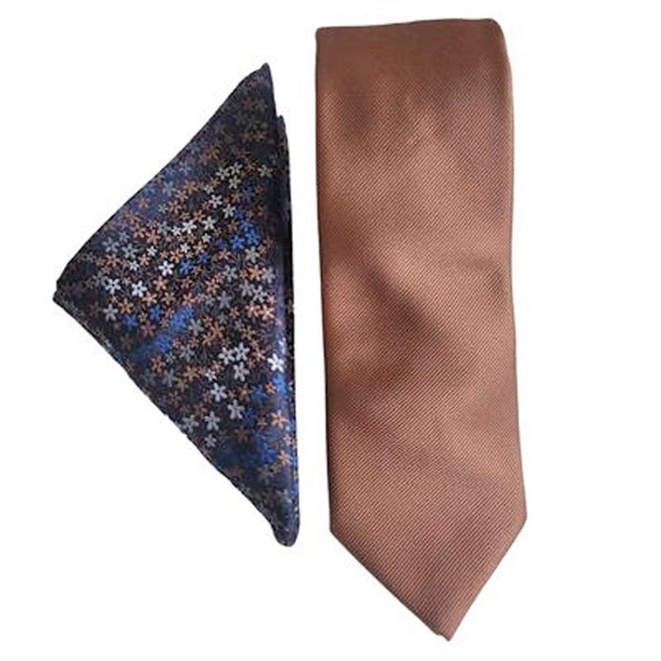 Tan Plain Twill Tie and Floral Pocket Square Set